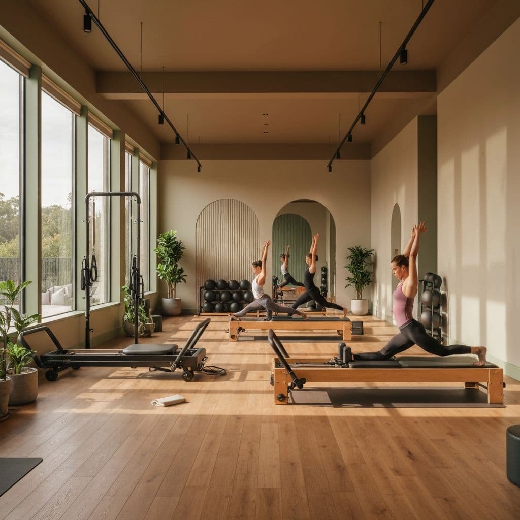 Solmar studio interior with natural light and people exercising